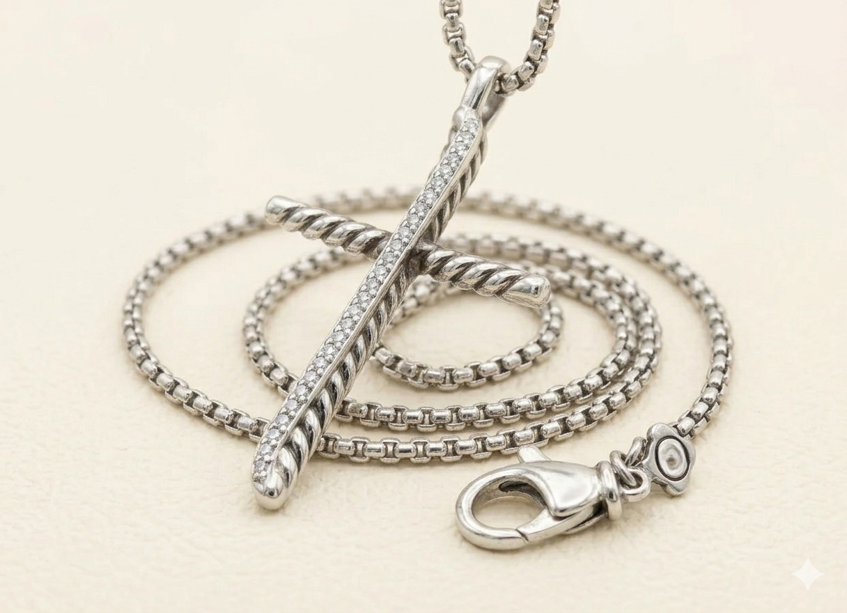 Diagonal Pavé Cross Necklace – 925 Sterling Silver Tarnish-Free CZ Cross Pendant with18 in.  Box Chain